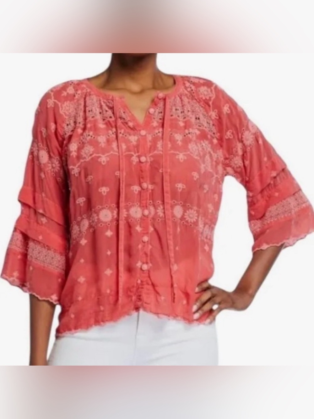 Johnny Was Tay Pink Embroidered Eyelet Blouse XS Bell Sleeve Boho Chic Buttons